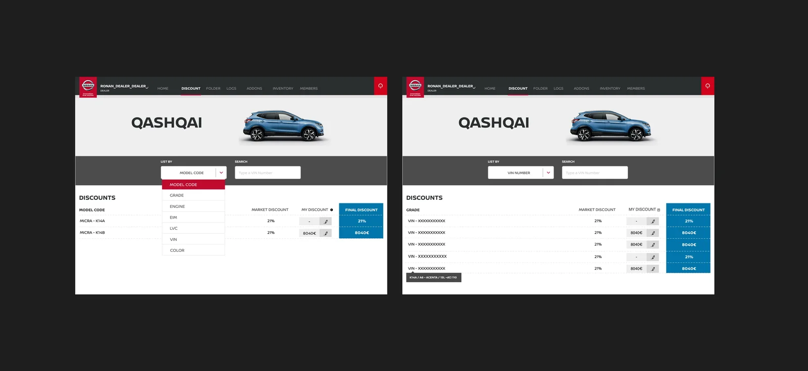 La page des remises pour le modèle Qashqai, en deux états : à gauche la liste triée par code modèle avec le menu de tri déployé, à droite la même liste triée par numéro de VIN, chaque ligne comparant la remise du marché à la remise saisie par le concessionnaire.