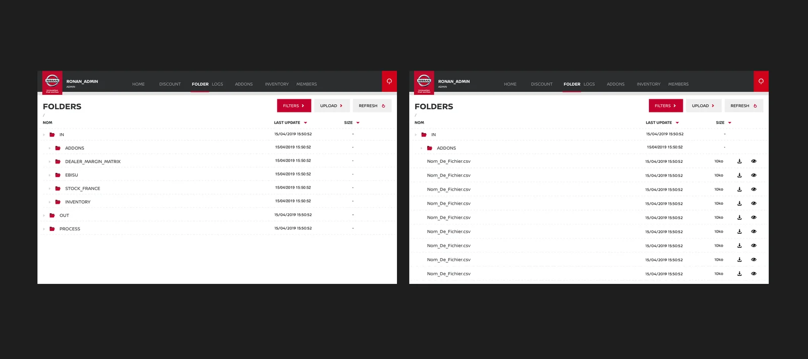 L’explorateur de fichiers, en deux états : à gauche l’arborescence repliée des dossiers, à droite un dossier ouvert listant ses fichiers CSV avec leur date, leur taille et les actions de téléchargement et d’aperçu.